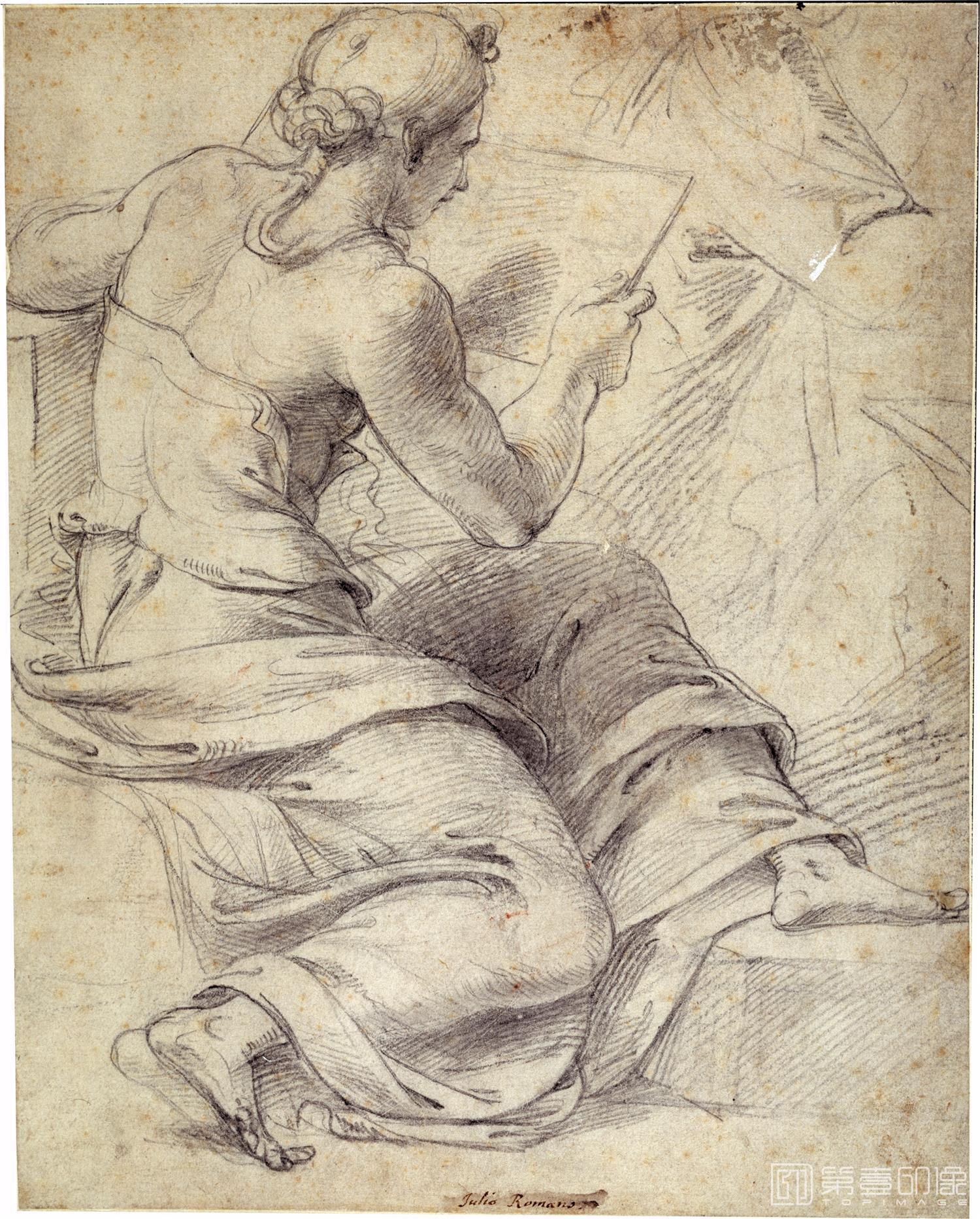 素描-西班牙普拉多美术馆素描藏画-Romano, Giulio-Sibila-1574
